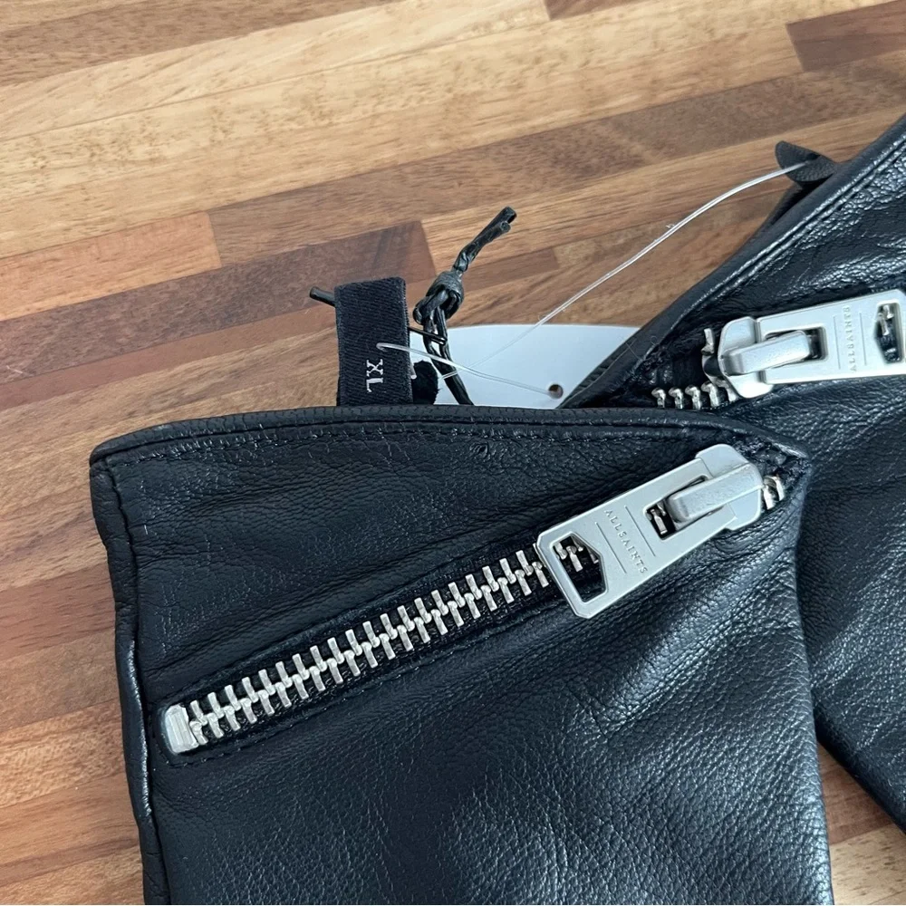 AllSaints Black Leather Gloves with Asymmetric Zipper - Picture 3 of 8